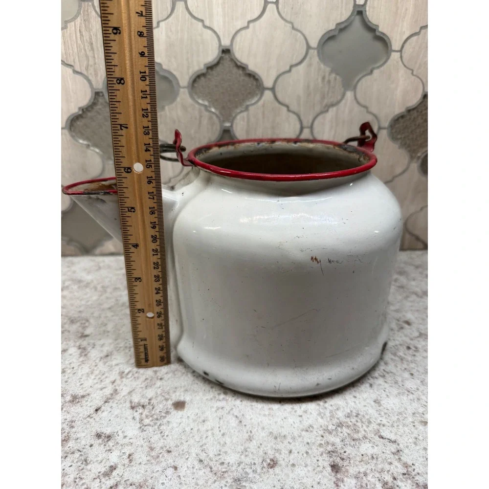Vintage White Enamelware Tea Kettle Red Rim Wood Handle Primitive Farmhouse Deco